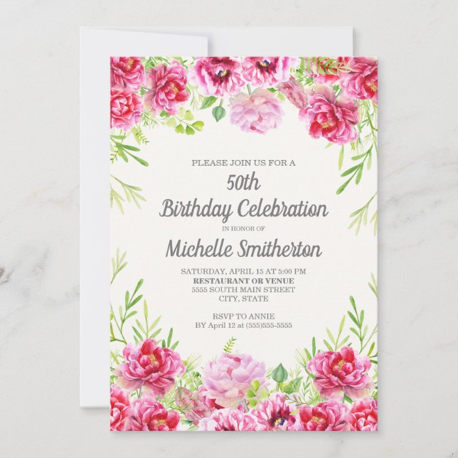 Invitation Fleurs de verdure aquarelle rose 50e anniversaire (Devant)