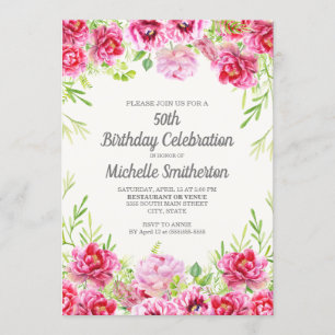 Invitation Fleurs de verdure aquarelle rose 50e anniversaire
