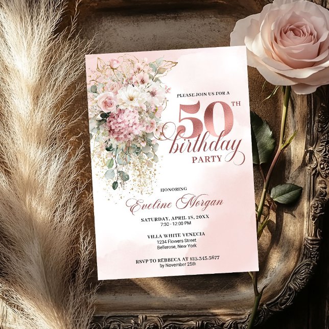 Invitation Fleurs de verdure aquarelle rose 50e anniversaire  (Watercolor Blush Florals Greenery 50th Birthday Party)