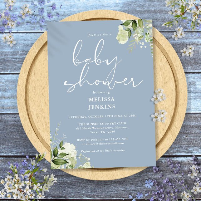 Invitation Fleurs de verdure Baby Shower garçon bleu poussiér (Greenery Floral Dusty Blue Boy Baby Shower Invitation)
