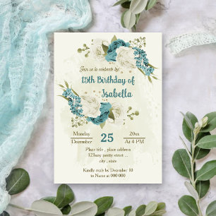 Invitation fleurs de verdure blanches bleues anniversaire
