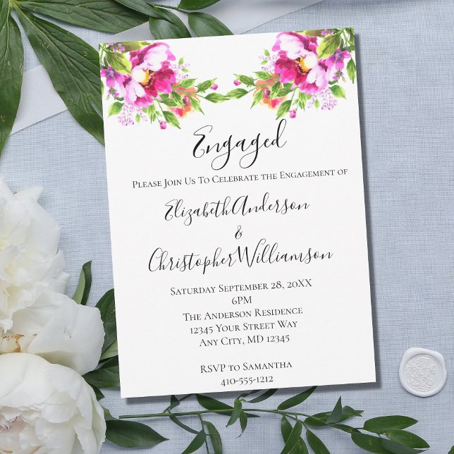 Invitation Fleurs de verdure blanches roses Élégant Engagemen (Créateur téléchargé)