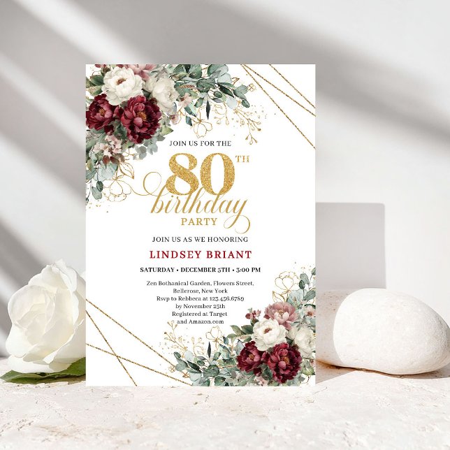 Invitation Fleurs de verdure bordeaux Or 80e anniversaire (Maroon Floral Greenery Gold 80th Birthday)