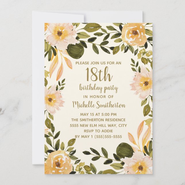 Invitation Fleurs de verdure crème jaune pour 18e anniversair (Devant)