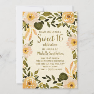 Invitation Fleurs de verdure de crème jaune Sweet 16