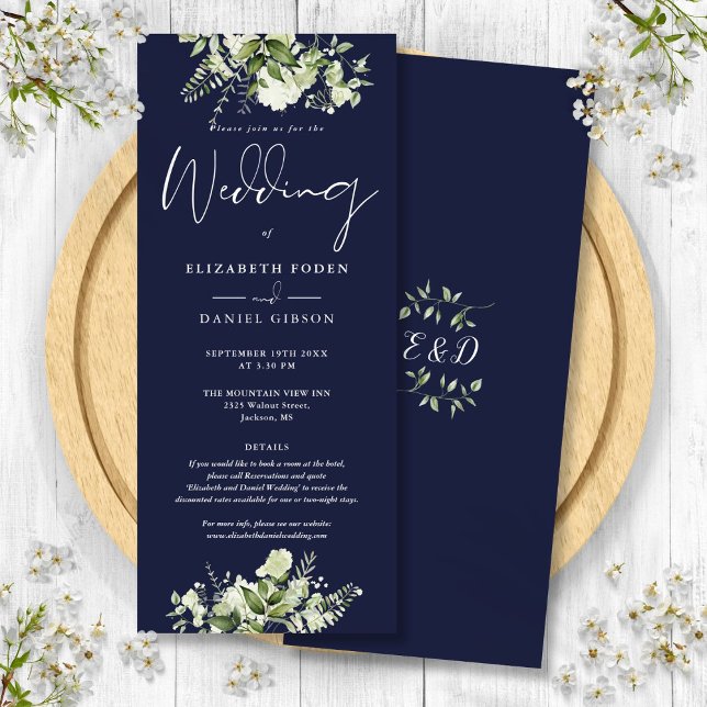 Invitation Fleurs de verdure Détails de monogramme Bleu marin (Greenery Floral Monogram Details Navy Blue Wedding Invitation)