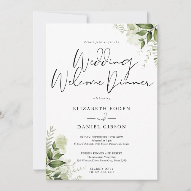 Invitation Fleurs de verdure Élégant Mariage Bienvenue Dîner (Devant)