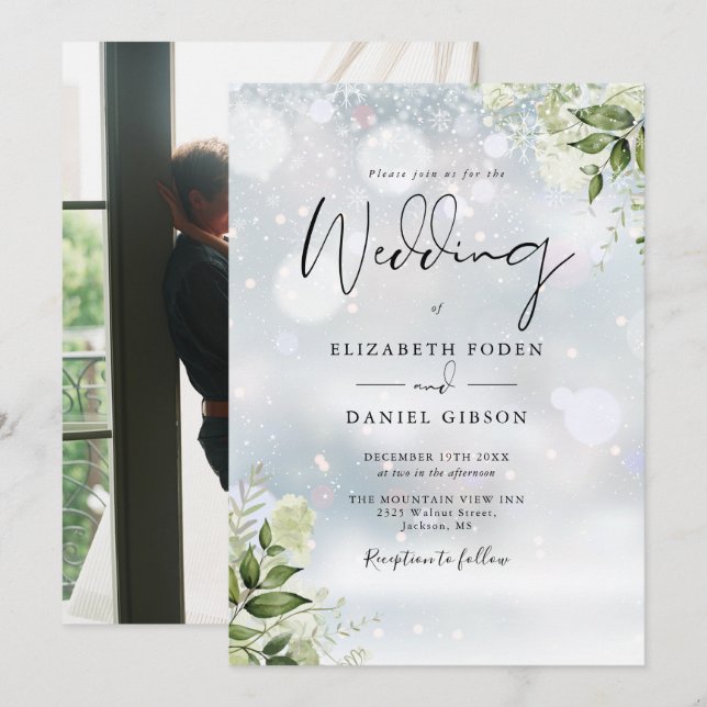 Invitation Fleurs de verdure Flocons de neige Photo Mariage d (Devant / Derrière)