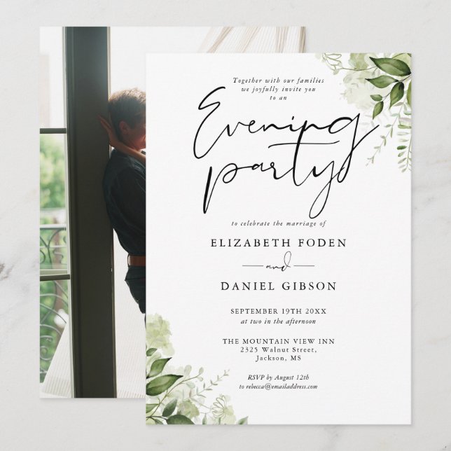 Invitation Fleurs de verdure Photo Mariage Soirée (Devant / Derrière)