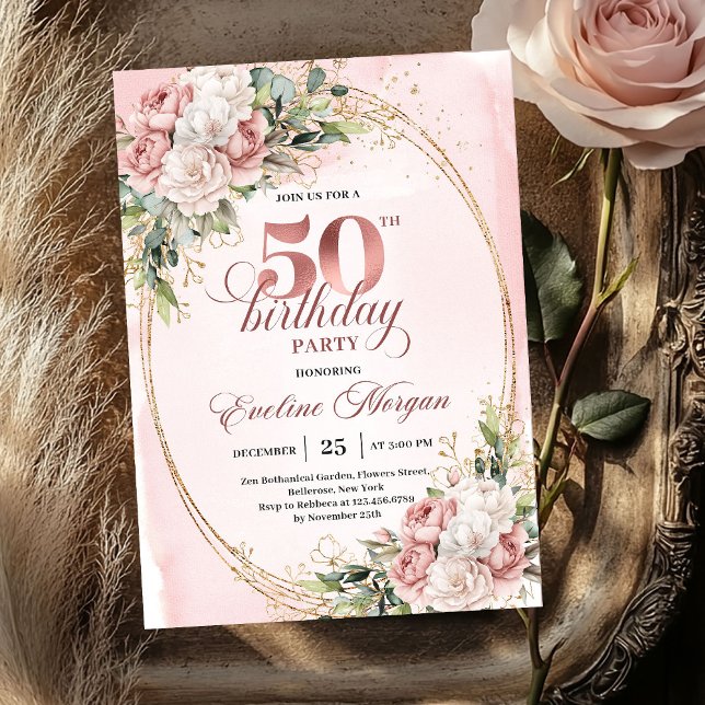 Invitation Fleurs de verdure rose luxueuse 50e anniversaire  (Luxurious Blush Floral Greenery 50th Birthday Invite)