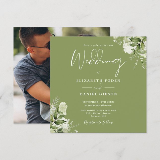 Invitation Fleurs de verdure vert mousse Photo Carré Mariage (Devant / Derrière)