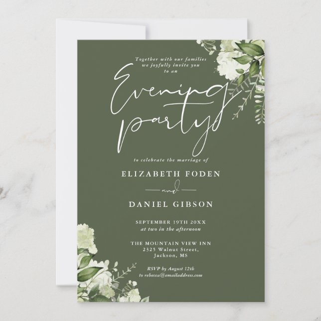 Invitation Fleurs de verdure vert olive Mariage Soirée (Devant)