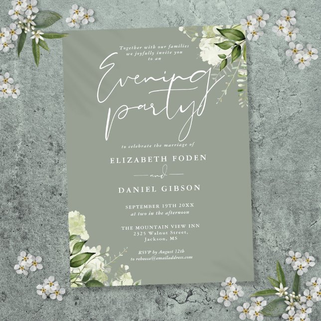 Invitation Fleurs de verdure Vert sauge Mariage Soirée (Greenery Floral Sage Green Wedding Evening Party Invitation)