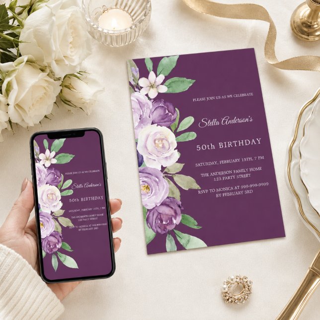 Invitation Fleurs de violette violette pour anniversaire (Créateur téléchargé)