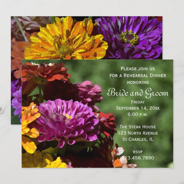 Invitation Fleurs de Zinnia de jardin Dîner de répétition de  (Devant / Derrière)