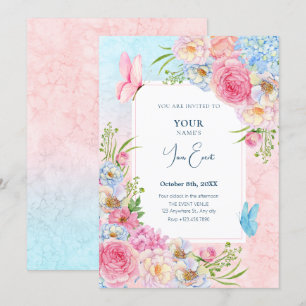 Invitation Fleurs d'eau rose bleu