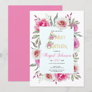 Invitation Fleurs d'eau rose sweet sixteen anniversaire