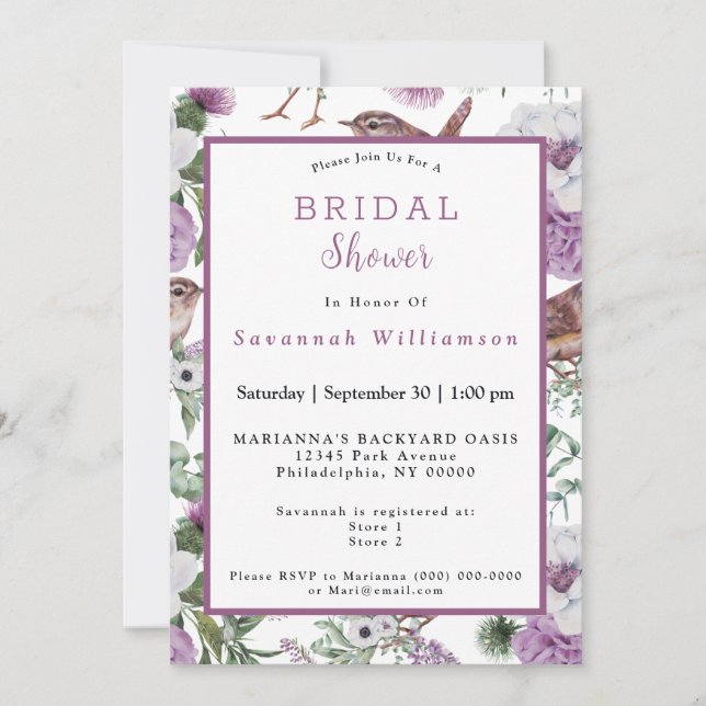 Invitation Fleurs d'Écosse Oiseaux Douce eau Mariage (Devant)