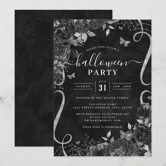 Invitation Fleurs défilantes Halloween noires et sombres  (Devant / Derrière)
