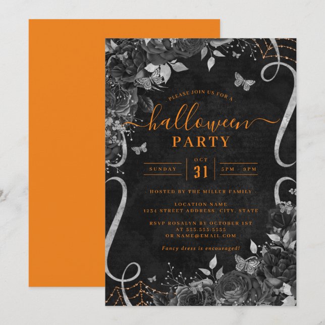 Invitation Fleurs défilantes Halloween Orange foncé Spooky  (Devant / Derrière)