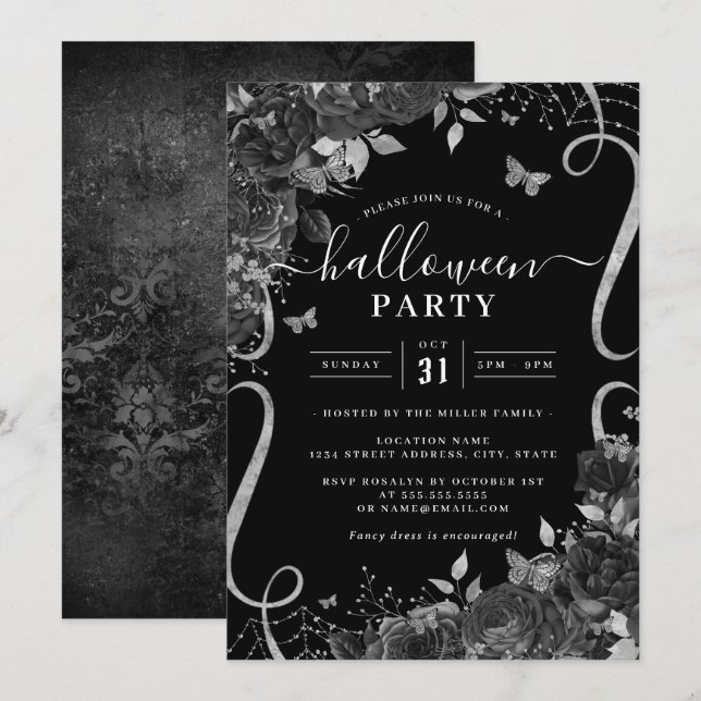 Invitation Fleurs défilantes Halloween Sombres Épiques Fête (Devant / Derrière)