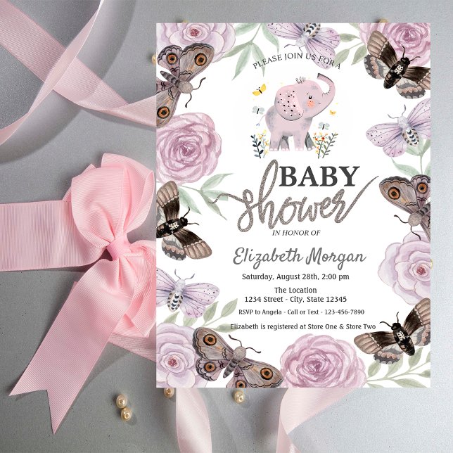 Invitation Fleurs d'éléphants Papillons Baby shower rose (Créateur téléchargé)