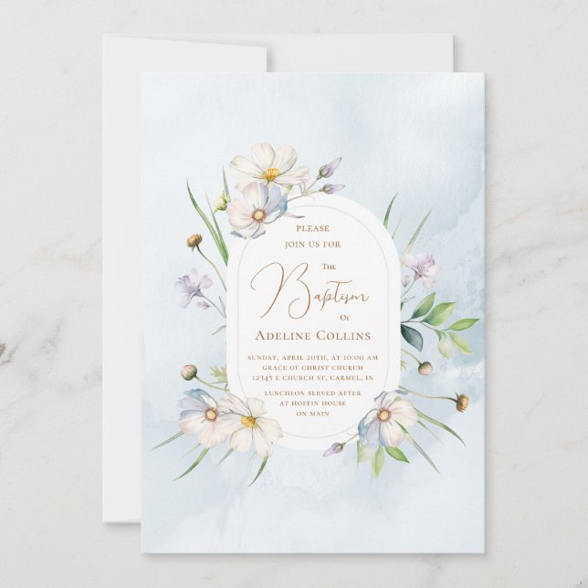 Invitation Fleurs délicates Aquarelle Bleue Douce Baptême (Devant)