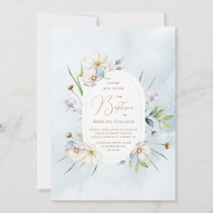 Invitation Fleurs délicates Aquarelle Bleue Douce Baptême