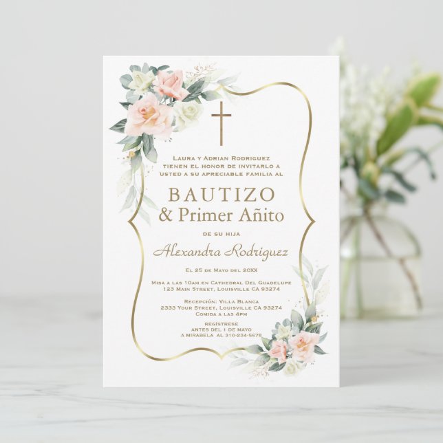 Invitation Fleurs délicates blush blanc 1er anniversaire bapt (Debout devant)