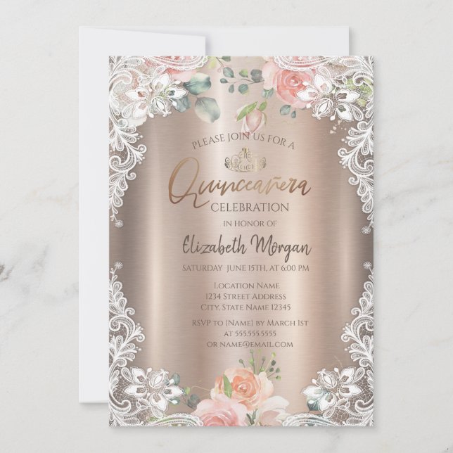 Invitation Fleurs, Dentelle, Diadème Quinceañera (Devant)