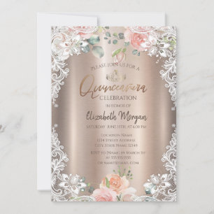 Invitation Fleurs, Dentelle, Diadème Quinceañera