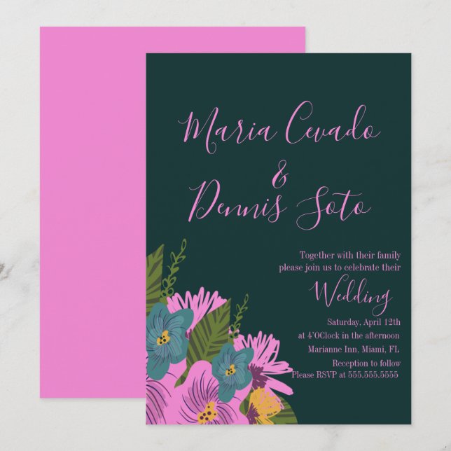 Invitation Fleurs dessinées à la main Mariage Couleur audacie (Devant / Derrière)