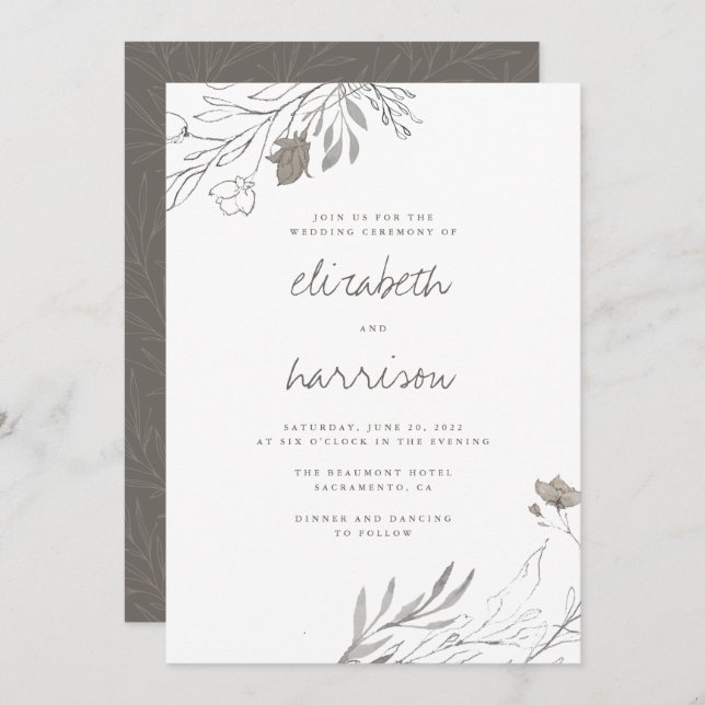 Invitation Fleurs dessinées à la main Mariage d'aquarelle rus (Devant / Derrière)