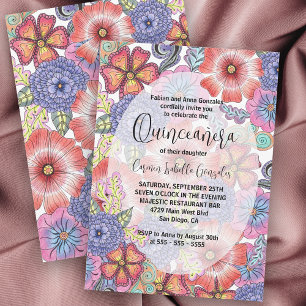 Invitation Fleurs détaillées colorées et Feuille Quinceañera