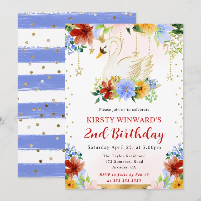 Invitation Fleurs d'été à l'aquarelle Anniversaire Cygne (Devant / Derrière)