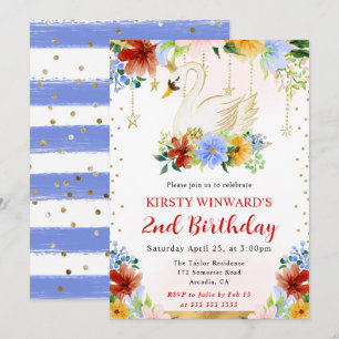 Invitation Fleurs d'été à l'aquarelle Anniversaire Cygne