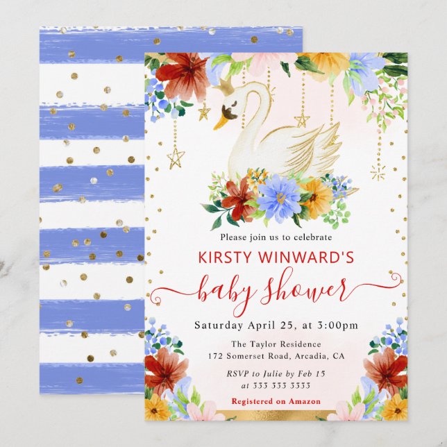 Invitation Fleurs d'été à l'aquarelle Bain de bébé Cygne (Devant / Derrière)