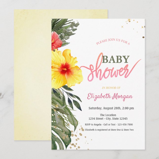 Invitation Fleurs d'été à l'aquarelle Fête pour bébé Hibiscus (Devant / Derrière)