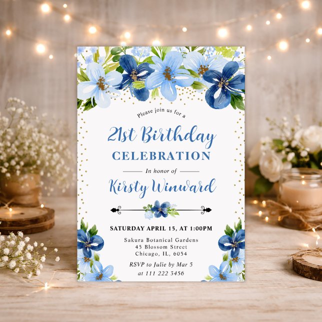 Invitation Fleurs d'été aquarelle bleue 21e anniversaire (Créateur téléchargé)