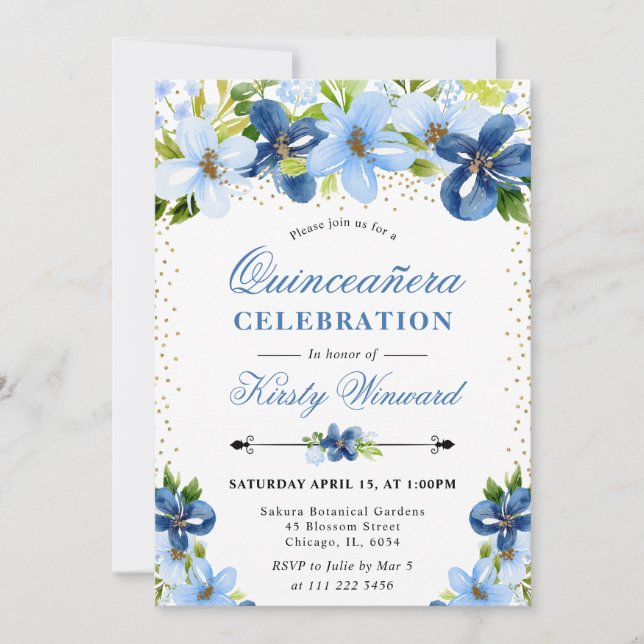 Invitation Fleurs d'été aquarelle bleue Quinceanera (Devant)