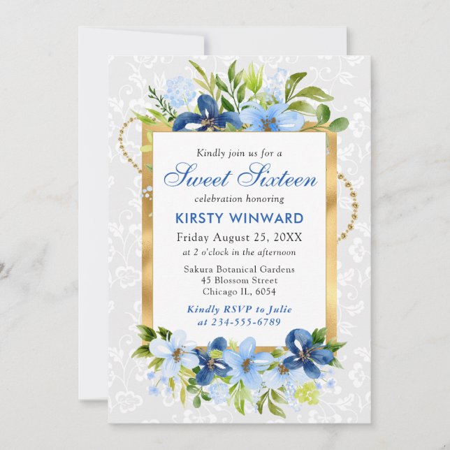 Invitation Fleurs d'été bleu et marine Gold Foil Sweet 16 (Devant)