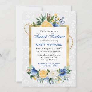 Invitation Fleurs d'été bleues et jaunes avec feuille d'or po