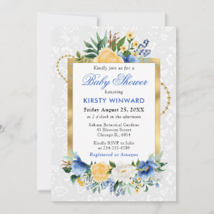 Invitation Fleurs d'été bleues et jaunes Baby Shower Or
