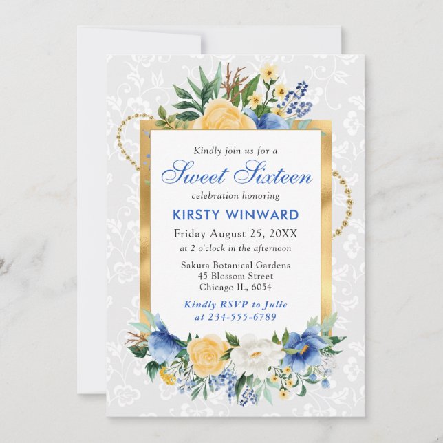 Invitation Fleurs d'été bleues et jaunes Gold Foil Sweet 16 (Devant)