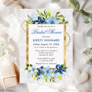 Invitation Fleurs d'été bleues et marine Mariage doré Shower