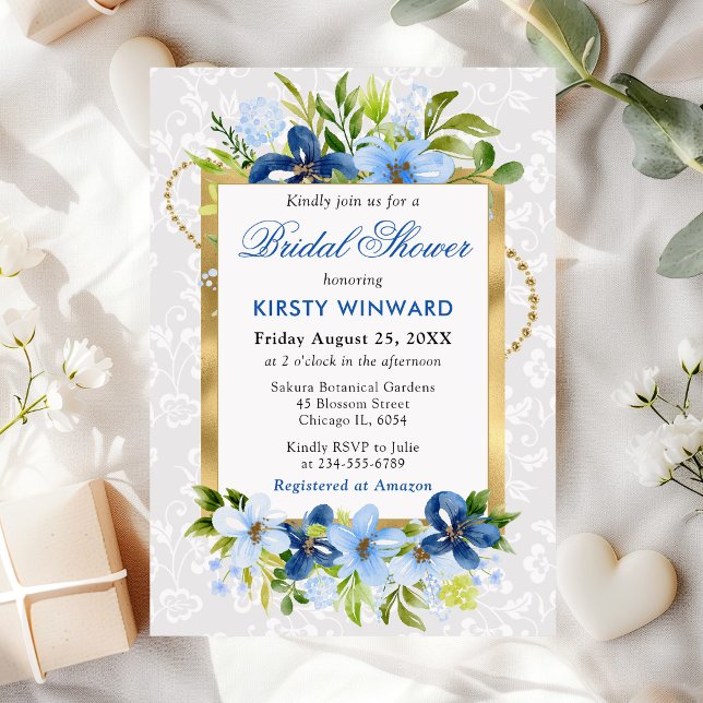 Invitation Fleurs d'été bleues et marine Mariage doré Shower (Créateur téléchargé)