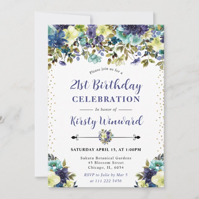 Invitation Fleurs d'été bleues et navy pour 21e anniversaire (Devant)