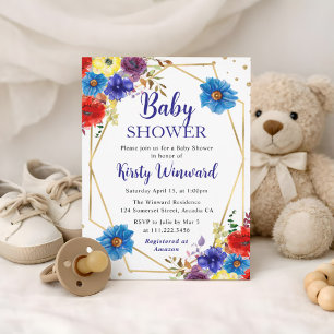 Invitation Fleurs d'été bleues et rouges Cadre Baby Shower