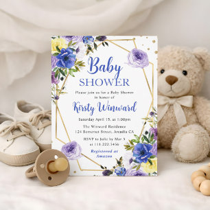 Invitation Fleurs d'été bleues et violettes Cadre Baby Shower