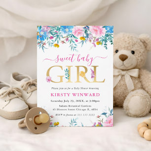 Invitation Fleurs d'été bleues, roses et jaunes : Baby Shower